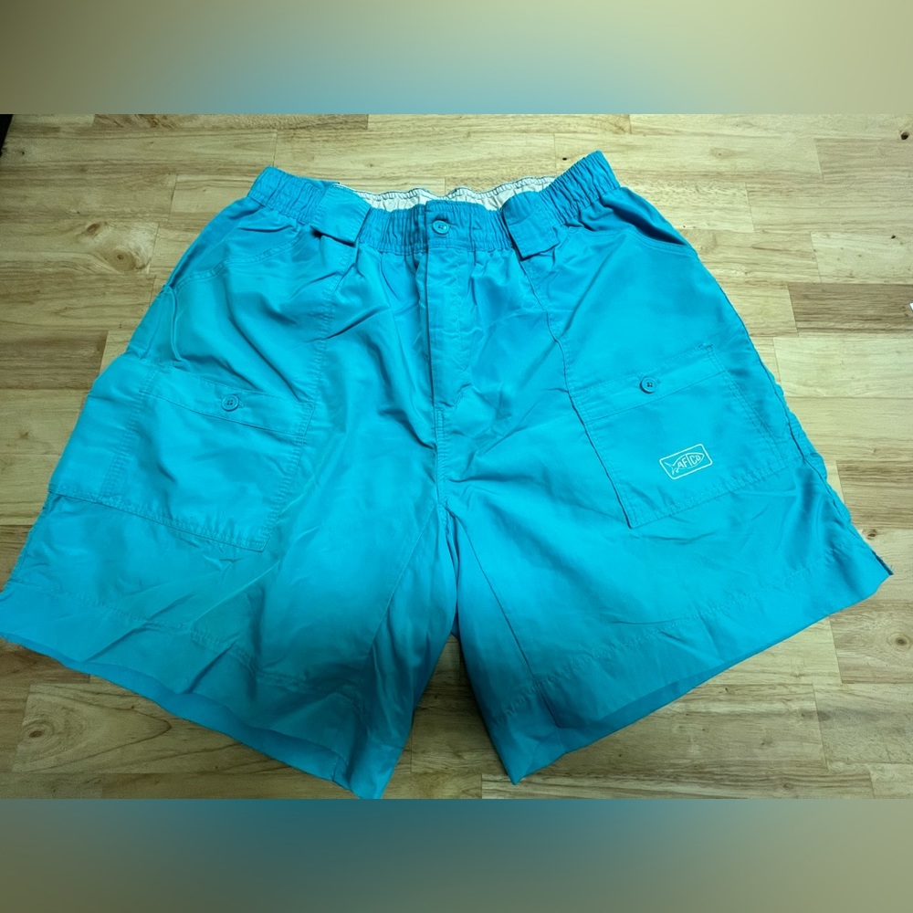 AFTCO Original Mens Fishing Shorts Long (M01L). Latigo Bay (Blue/Teal/Ocean).